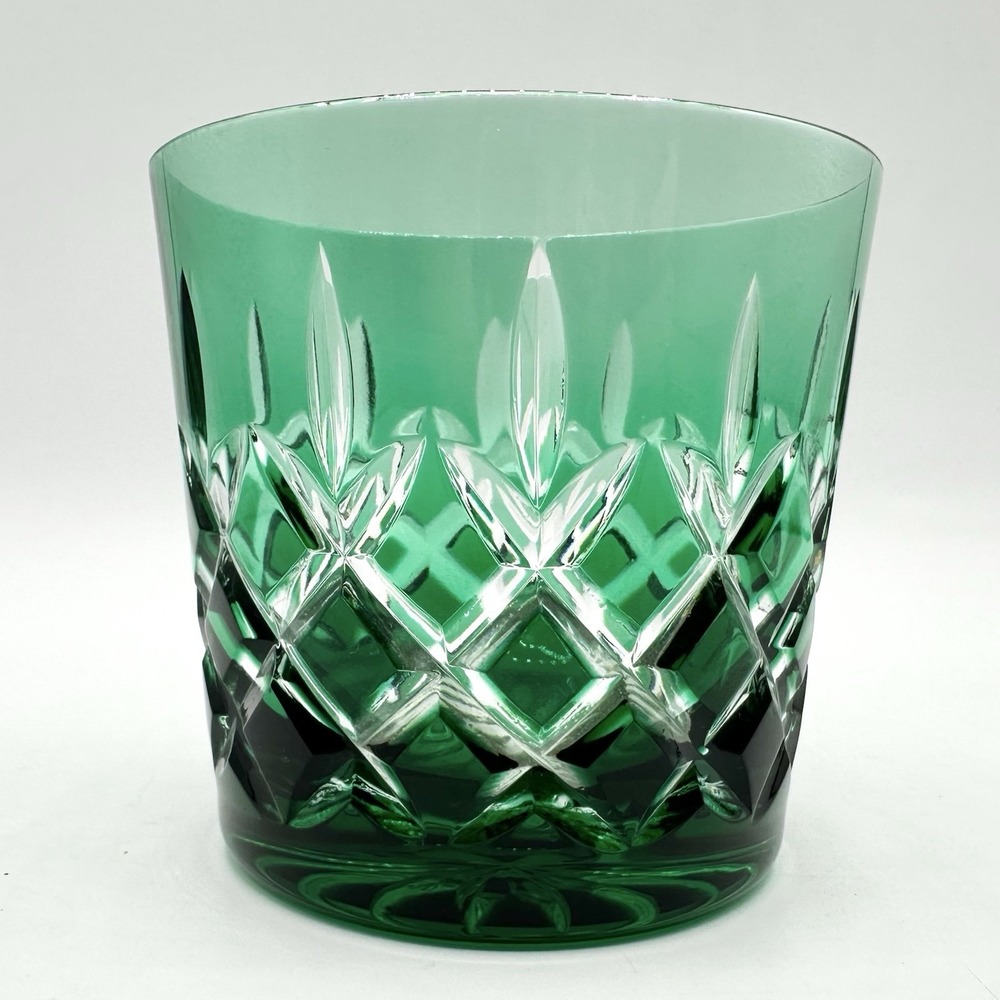 Ajka Green Crystal Cut To Clear Whiskey Lowball Glass Bohemian Hungary
